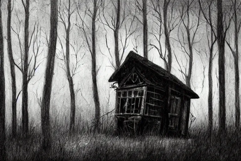 Prompt: mad horror painting of a cabine in the woods by ben templesmith