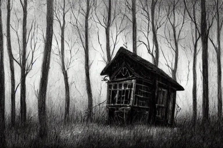 Image similar to mad horror painting of a cabine in the woods by ben templesmith