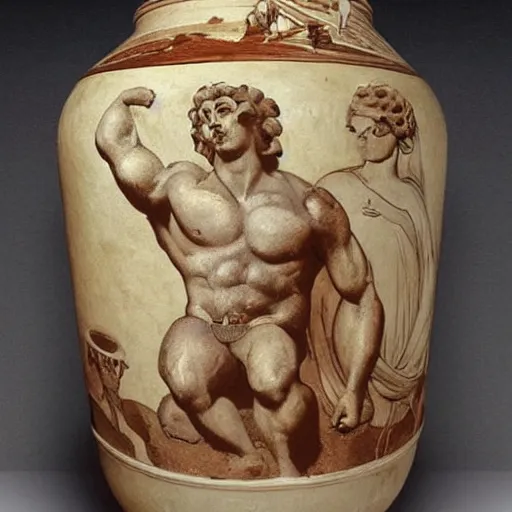 Prompt: Hercules gaining weight after retirement, Greek vase art