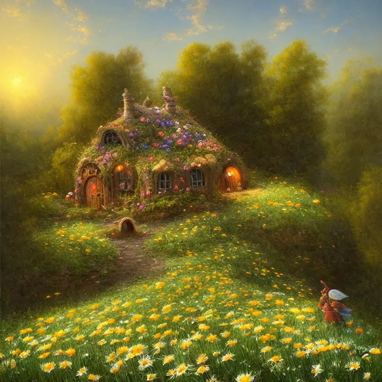 Prompt: a whimsical fairy house in a field of daisies by Justin Gerard, evening light