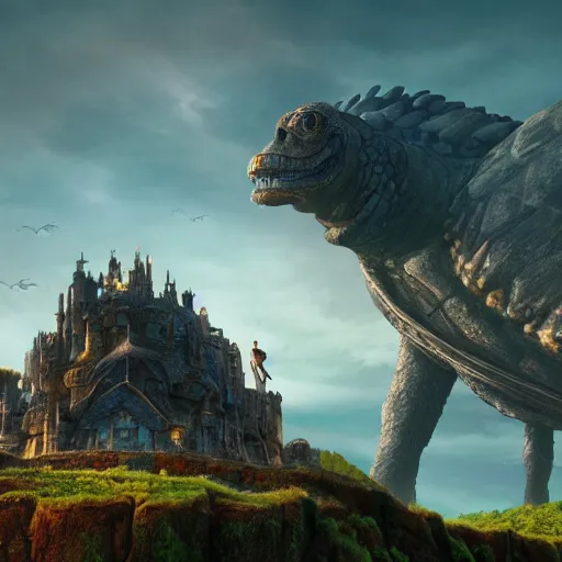 Image similar to large fantasy castle rising from the top of a giant tortoise, towering over a harsh barren wasteland, howls moving castle, mortal engines, kaiju, distant - mid - shot, fantasy, hyper detailed, 4 k