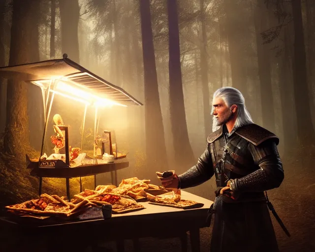 Image similar to 5 5 mm portrait photo of geralt of rivia serving shawarma, in a magical forest. dark atmosphere. art by greg rutkowski. highly detailed 8 k. intricate. lifelike. soft light. nikon d 8 5 0.