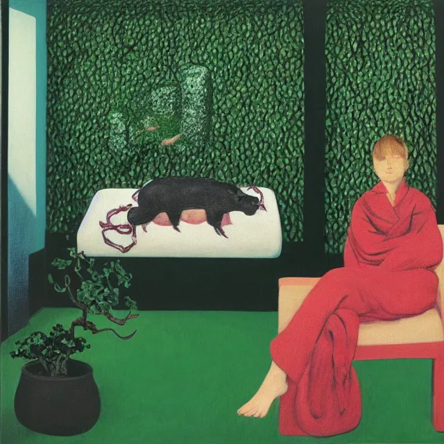 Image similar to a pathology student in her apartment, wrapped in vines, large stones, pig, black walls, ikebana, black armchair, puddles, moss, acrylic on canvas, surrealist, by magritte and monet