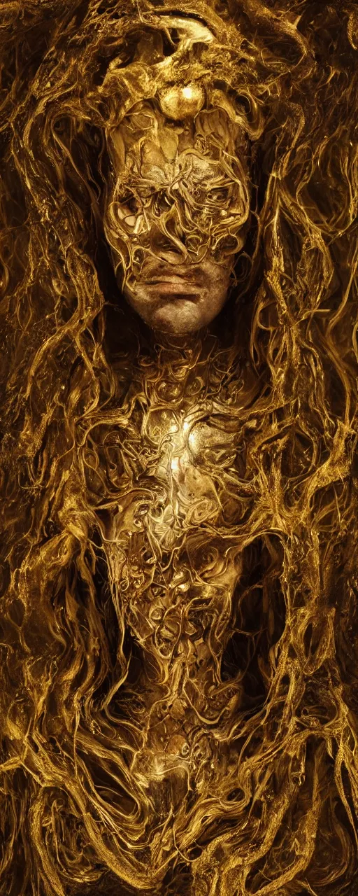 Prompt: Photo portrait of a surreal god floating in the middle of a ancient wood, gold fluid simulation in the background, ultra super good realistic 3D render by Pete Morbacher and Emil Melmoth, insanely detailed, trending on artstation, sharp focus