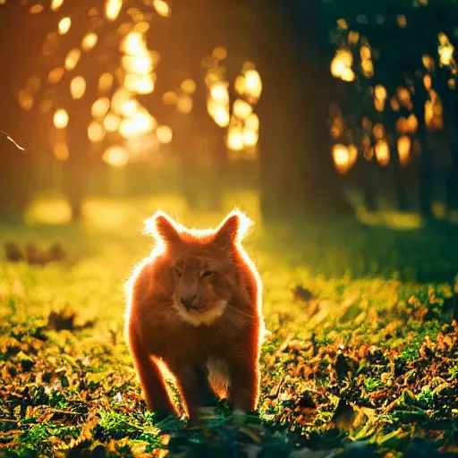 Prompt: animals made of leaves trees and vines, sunset magic hour backlit photography, bokeh