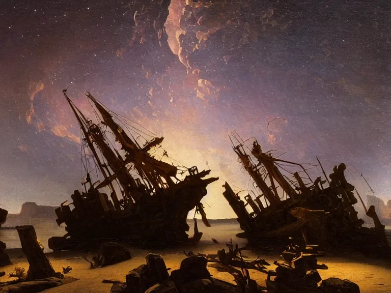 Image similar to an oil painting of an ancient shipwreck in the middle of an alien desert at dusk, aurora and stars light up the sky by carl spitzweg and tuomas korpi. baroque elements, full-length view. baroque element. intricate artwork by caravaggio. Trending on artstation. 8k