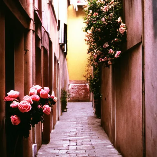Image similar to kodak portra 8 0 0, flickr photograph view of a hallway street street with roses in neo - venezia in a calm breezy afternoon with a small store in one of the walls