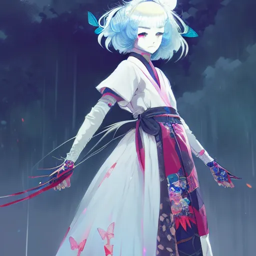 Prompt: concept art of a girl wearing a intricate outfit japanese harajuku street fashion, gapmoe yandere grimdark, butterfly trending on pixiv fanbox, painted by greg rutkowski makoto shinkai takashi takeuchi studio ghibli, akihiko yoshida, bcy. net