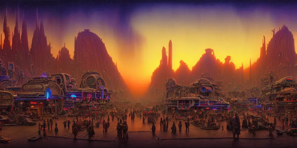 Prompt: cinematic view of a retro scifi village, desaturated, psychedelic, tim hildebrandt, wayne barlowe, bruce pennington, donato giancola, larry elmore, oil on canvas, masterpiece, trending on artstation, featured on pixiv, cinematic composition, dramatic, beautiful lighting, sharp, details, hyper - detailed, hd, hdr, 4 k, 8 k