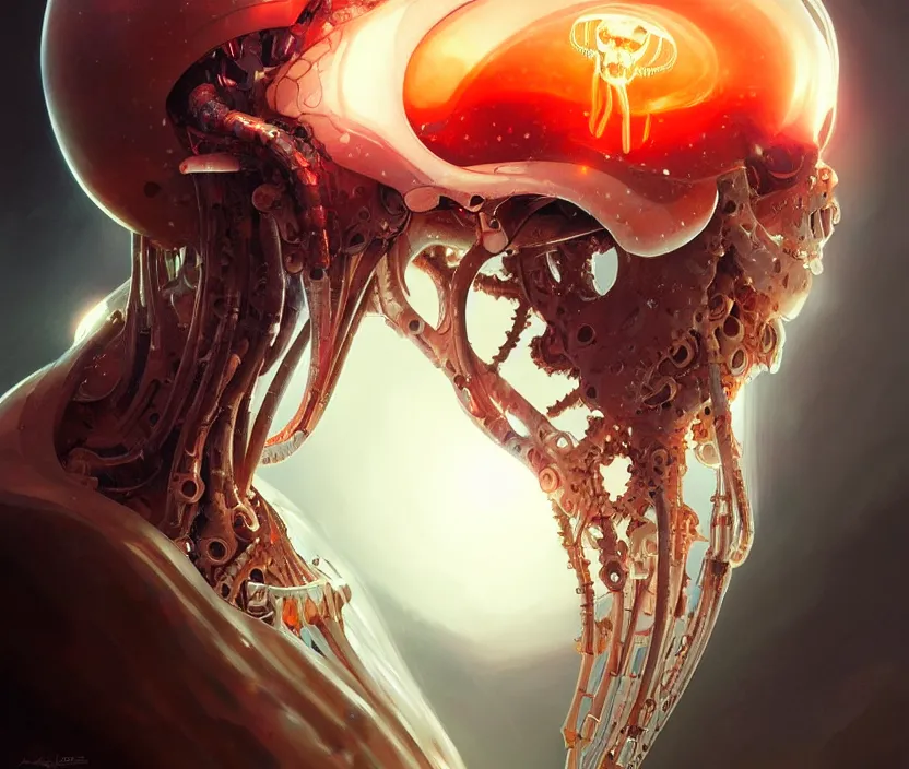 Prompt: Cyborg biomechanical jellyfish skull face portrait, sci-fi, highly detailed, digital painting, artstation, concept art, smooth, sharp focus, illustration, art by artgerm and greg rutkowski and alphonse mucha