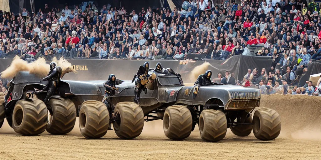 Image similar to medieval cavalry at a monster truck rally