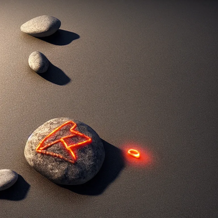 Prompt: photo of a large pebble with a glowing rune drawn on it. pebble is completely wrapped with copper wire. extremely high details, octane rendering, cgsociety