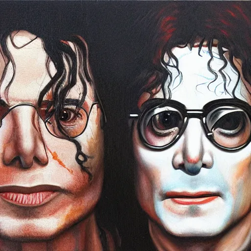 Image similar to Michael Jackson and John Lennon as rotting zombies being interviewed by Conan on a talk show, realistic, hyperrealistic, very realistic, highly detailed, very detailed, extremely detailed, detailed, oil painting, digital art, trending on artstation, HD Quality