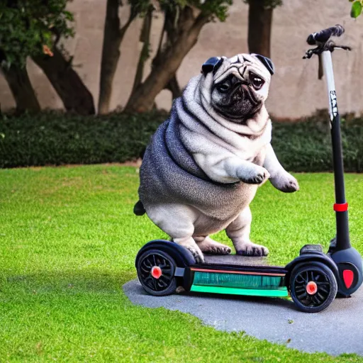 Image similar to a morbidly obese pug on a mobility scooter, high resolution photo