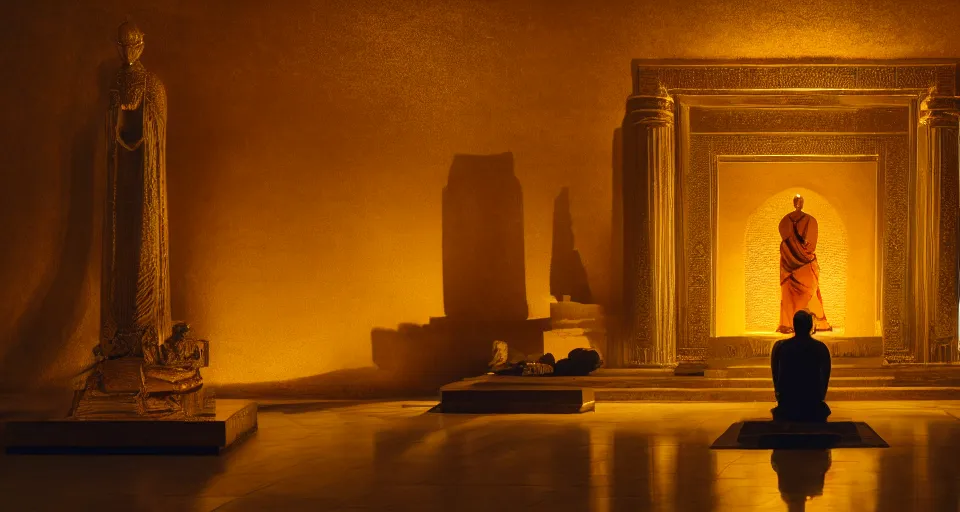 Image similar to a golden statue of a monk praying inside if a desert temple, atmospheric lighting, 4 k