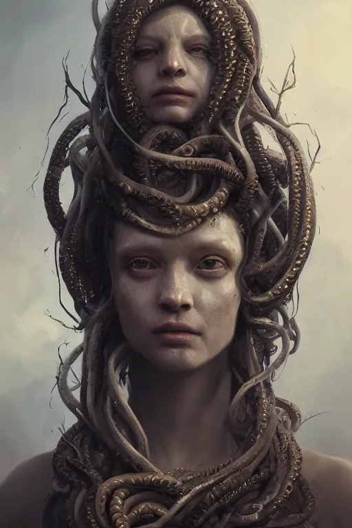 Prompt: A beuatiful portrait a horrific medusa by Greg Rutkowski, Sung Choi, Mitchell Mohrhauser, Maciej Kuciara, Johnson Ting, Maxim Verehin, Peter Konig, Bloodborne , 8k photorealistic, cinematic lighting, HD, high details, dramatic, atmospheric , trending on artstation