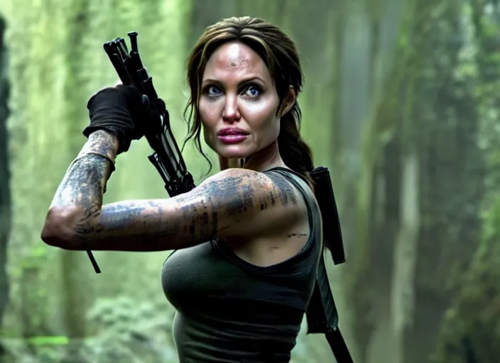 Image similar to film still of!!!! angelina jolie!!! as lara croft in new tomb raider movie, 8 k