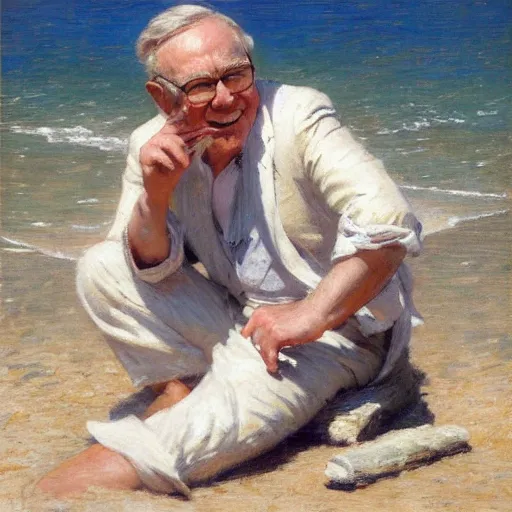 Image similar to detailed cinematic shot of warren buffet with white clothes in the mediterranean beach, spring light, painting by gaston bussiere, craig mullins, j. c. leyendecker