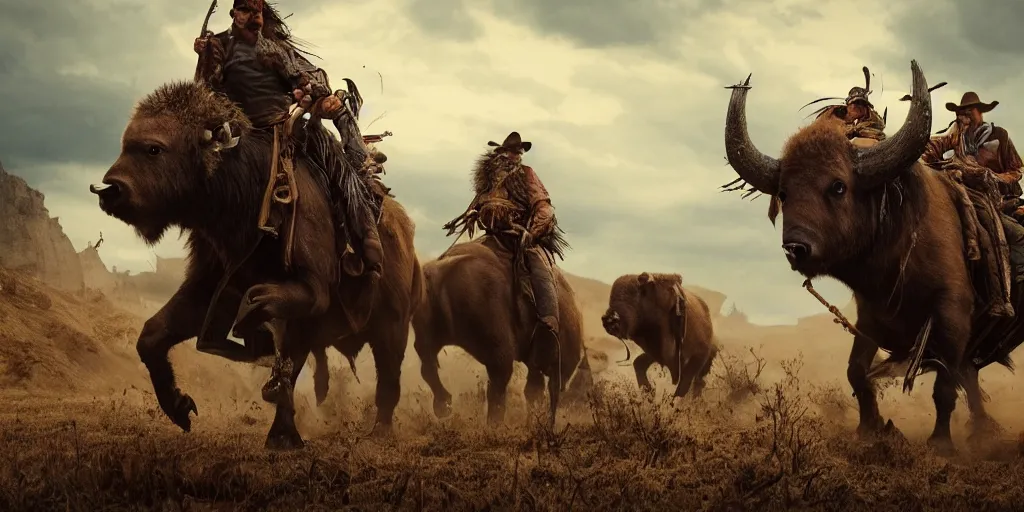 Image similar to wood punk, motorized indians attacking bisons, action scene, an epic western, dramatic lighting, cinematic, establishing shot, extremely high detail, photorealistic, cinematic lighting, artstation, octane render, old photo, buffalo hunt movie, alpha movie, western, ultra sharp, clean symmetrical faces, high detail, intricate,hypermaximalist,hyper realism