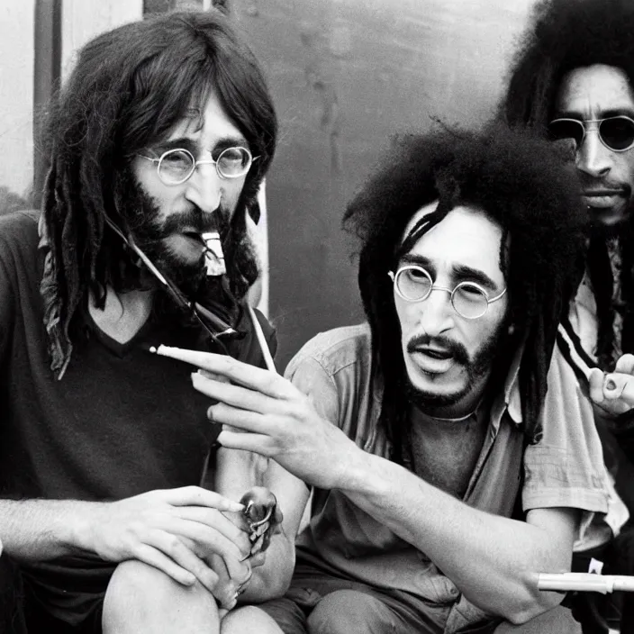 Image similar to john lennon smoking a joint with bob Marley, photograph by Willy Spiller, 1970s