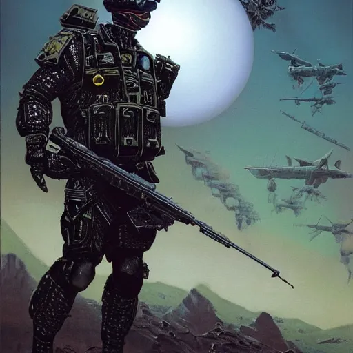 Prompt: painting of a futuristic soldier with advanced night vision goggles, military black outfit by jeff easley and peter elson, surreal + highly detailed, intricate complexity, epic composition, scifi atmosphere + masterpiece, award winning + trending on artstation