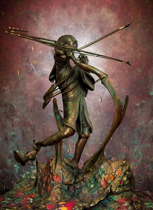 Image similar to An epic fantastic realism comic book style painting of a distressed bronze archery sculpture from the future by Stanislaw Szukalski, beautiful colorful flowers rain down, gilded marbled paper overlay, fisheye lens, unreal 5, DAZ, hyperrealistic, octane render, dynamic lighting