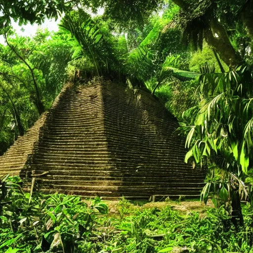 Prompt: seeing ancient civilization while I'm hiding behind leaves in jungle