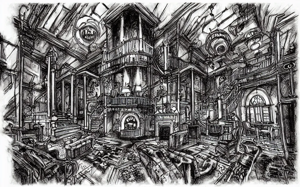 Image similar to haloween lovecraftian mansion interior epic, drawn by pete amachree