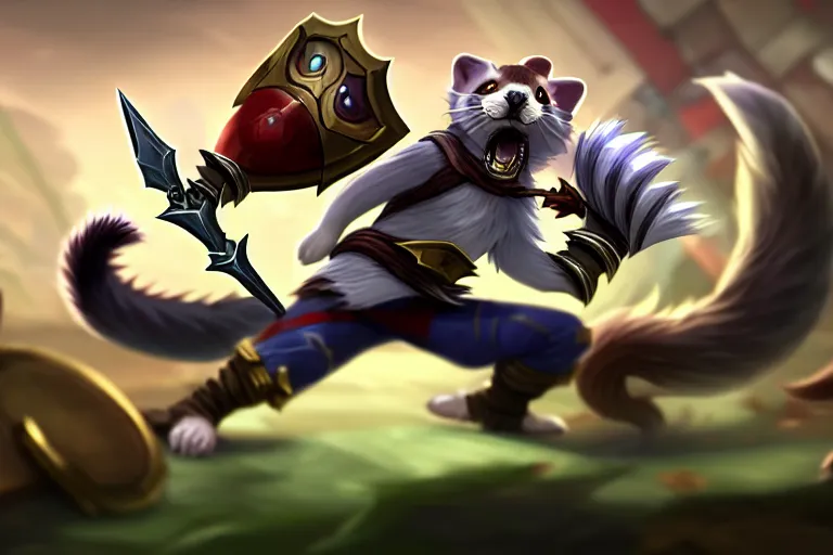 Prompt: a fierce and violent ferret boy furry with a sword and shield leaps into the fray. league of legends splash art