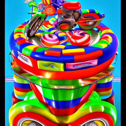 Image similar to motorcycle made out of candy, global illumination, photorealistic, in style of candyland poster