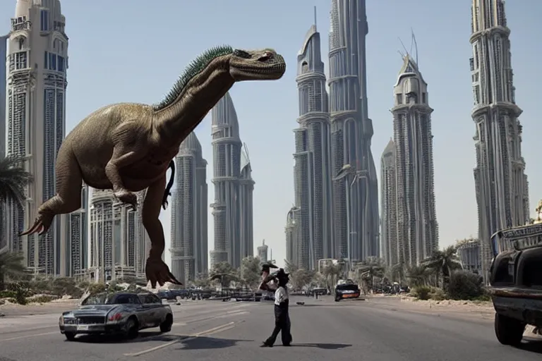 Image similar to cinematography dinosaurs in the streets of dubai by Emmanuel Lubezki