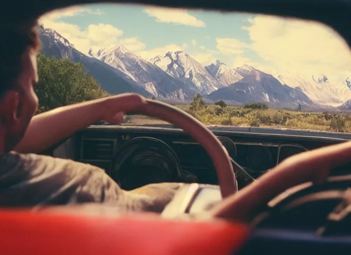 Image similar to a very high resolution image from a new movie, starlord. driving around. inside of a car. mountains, polaroid, directed by wes anderson