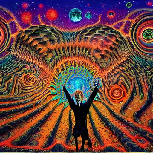 Image similar to Psychedelic DMT experience with inter-dimensional beings and insane trippy visuals in the style of an album cover by Howard Finster, Michael Cheval (highly detailed, 8k, UHD, fantasy, dream, otherworldly, bizzare, spirals, colourful, vivid)