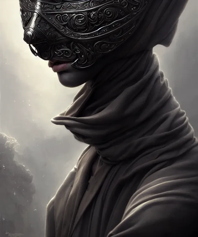 Image similar to european young man wearing black mask, beautiful face, highly detailed face!!!, true anatomy!, extremely detailed!, digital painting, unreal engine 5, art by tom bagshaw