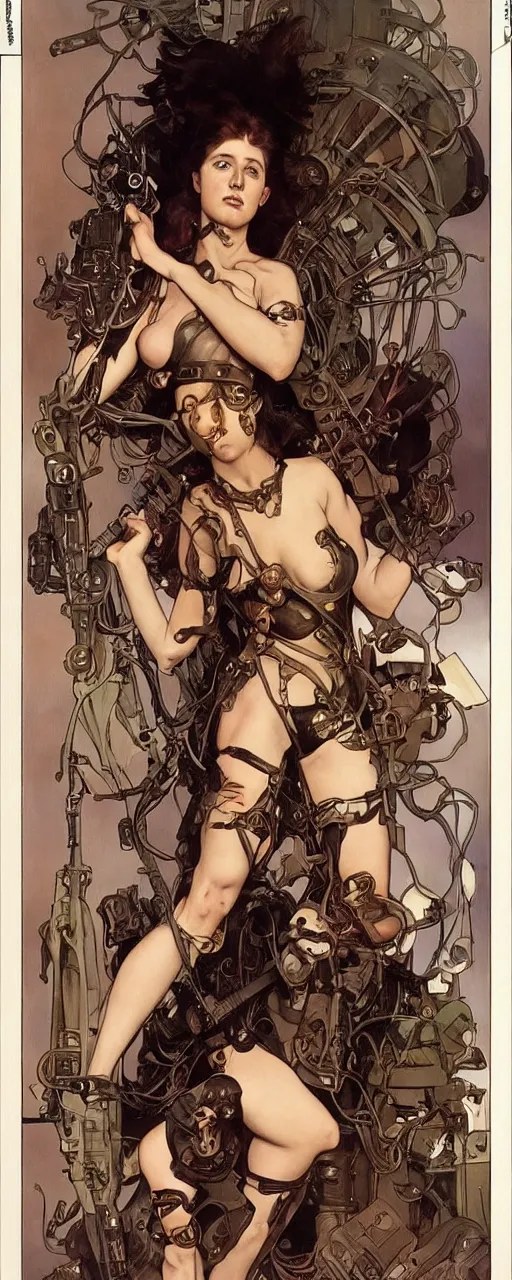 Image similar to striking sensual industrial art nouveau style portrait of kitty pryde as an extreme metal soldier by glenn fabry, simon bisley and alphonse mucha, photorealism, extremely hyperdetailed, perfect symmetrical facial features, perfect anatomy, ornate declotage, spikes, latex, excited expression, wild eyes