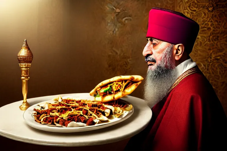 Image similar to Ottoman Sultan Mehmet IV eating shawarma in a restaurant, wearing big ovular turban and a luxurious Ottoman coat, mid-shot, cold lighting, photography from Vogue Magazine, neat, precise, realistic, detailed facial features, expressive, photorealistic, hyperrealism, micro details, HDR Shot, in the style of Martin Schoeller
