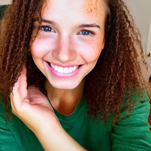 Image similar to Selfie photograph of a cute young woman smiling, long shiny bronze brown hair, full round face, emerald green eyes, medium skin tone, light cute freckles, smiling softly, wearing casual clothing, relaxing on a modern couch, interior lighting, cozy living room background, close-up shot, professional photography