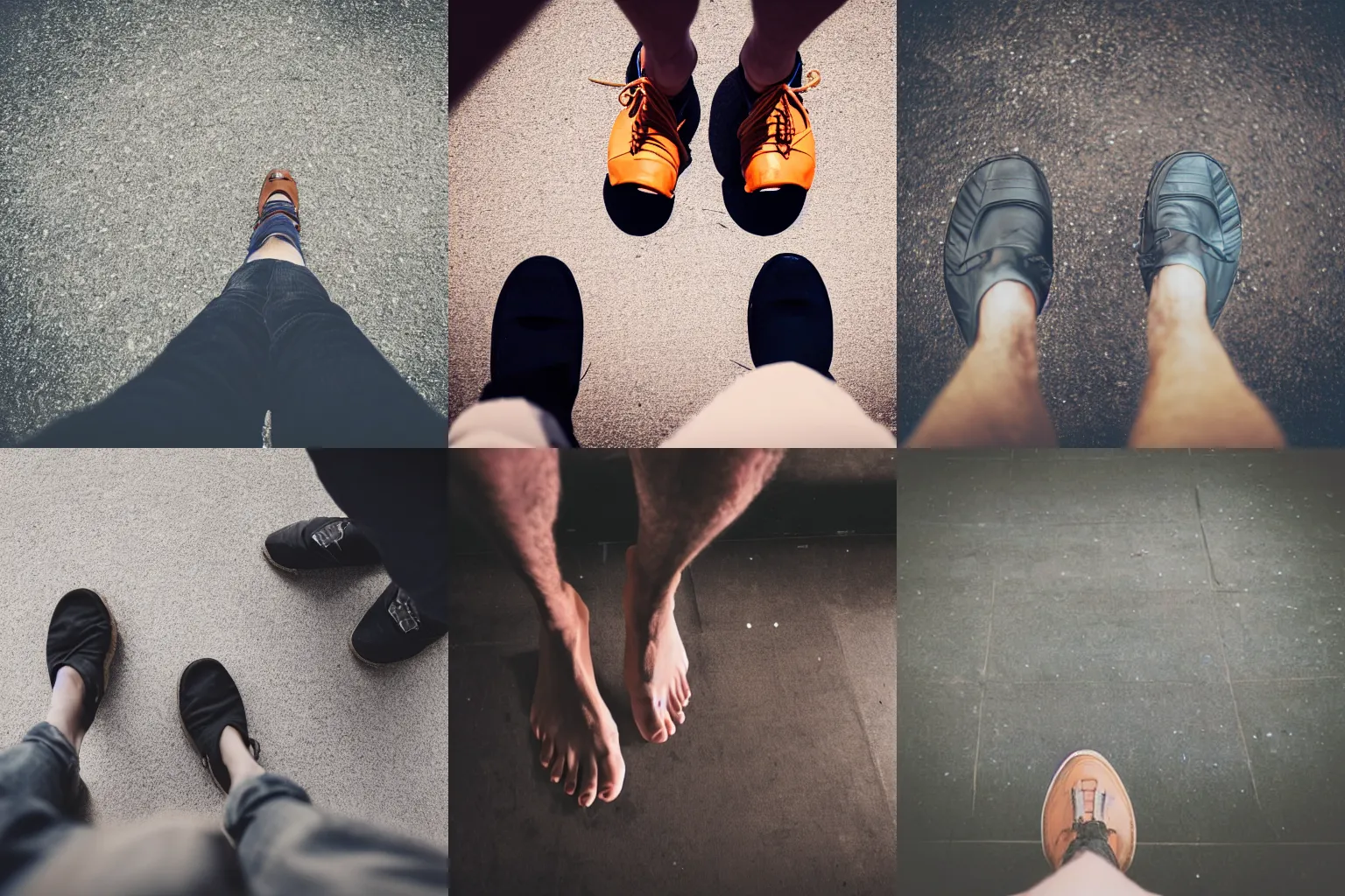 Prompt: photo of a man standing above the camera, viewpoint from the floor, barefoot soles about to step on the camera