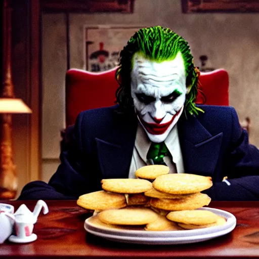 Prompt: cinematic shot of the joker sitting at a table in front of a plate of flour biscuits, 8 k, very detailed, very intricate,