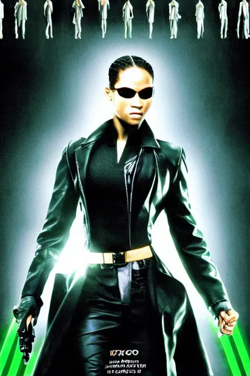 Prompt: a movie poster portrait taken from the matrix movie featuring ( simone biles ) with long black braids, wearing futuristic sun glasses and black leather trench coat, holding a futuristic gun, green matrix computer code and light beams flash in the background, extremely detailed, extremely symmetrical facial features, by kevin fiege 8 k