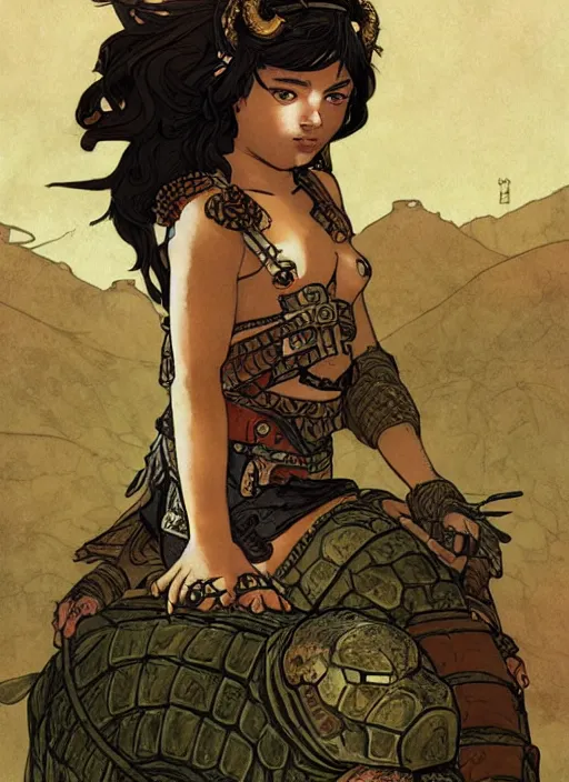 Image similar to portrait of a little warrior girl character sitting on top of a giant armored turtle in the desert, epic character with dark skin and beautiful green eyes. the girl has a very beautiful detailed symmetrical face, long black hair. the turtle has a big wise face and closed eyes, diffuse night light, dramatic landscape, fantasy illustration by mucha