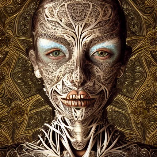 Image similar to beatifull frontal face portrait of a woman, 150mm, anatomical, flesh, flowers, mandelbrot fractal, symmetric, intricate, elegant, highly detailed, ornate, ornament, sculpture, elegant , luxury, beautifully lit, ray trace, octane render in the style of peter Gric and alex grey