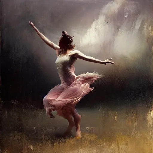 Image similar to painting of a beautiful surreal Harpey, dancing on a cloud, by Jeremy Mann and Jason Jenicke, detailed, stylized, loose brush strokes, intricate, realistic, exaggerated lighting, sense of scale, ferocious, sensual