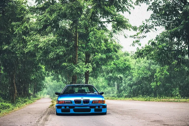 Prompt: A modified blue BMW e36 parked in a road with trees, rainy season, Epic photography, taken with a Leica camera, 500 mm focal length, f/1.5 aperture, depth of field