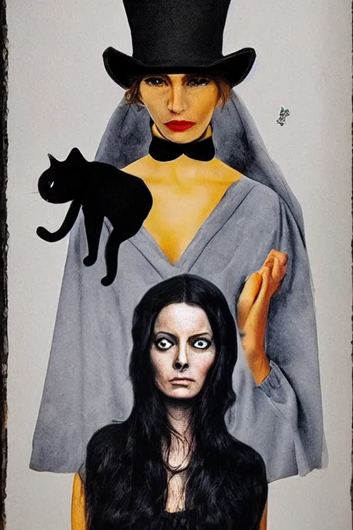 Image similar to hyperrealism fashion portrait photo with black cat from The Holy Mountain by Alejandro Jodorowsky in style of Francisco Goya