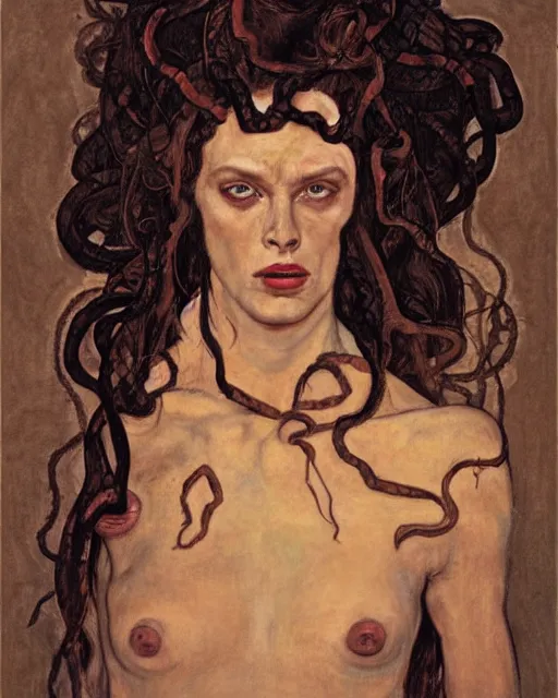 Prompt: portrait of medusa with many pythons by greg rutkowski in the style of egon schiele