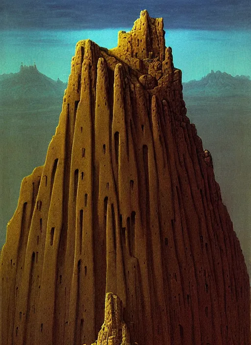 Prompt: A mountain look like a women, troglodyte city, monumental sculpture, ruin, by Artgem and Zdzislaw Beksinski, by Kaspar David Friedrich