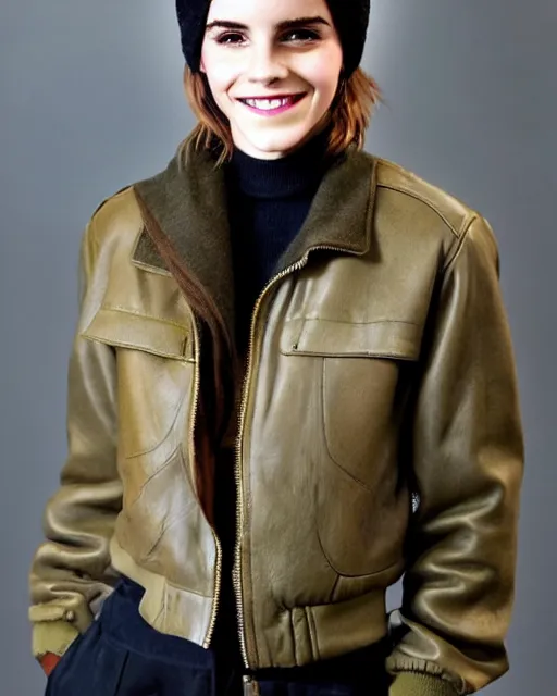 Image similar to headshot of a smiling, emma watson, she is wearing a leather bomber cap on her head, she is also wearing an a 2 flight jacket, a long green wool scarf is wrapped around her neck