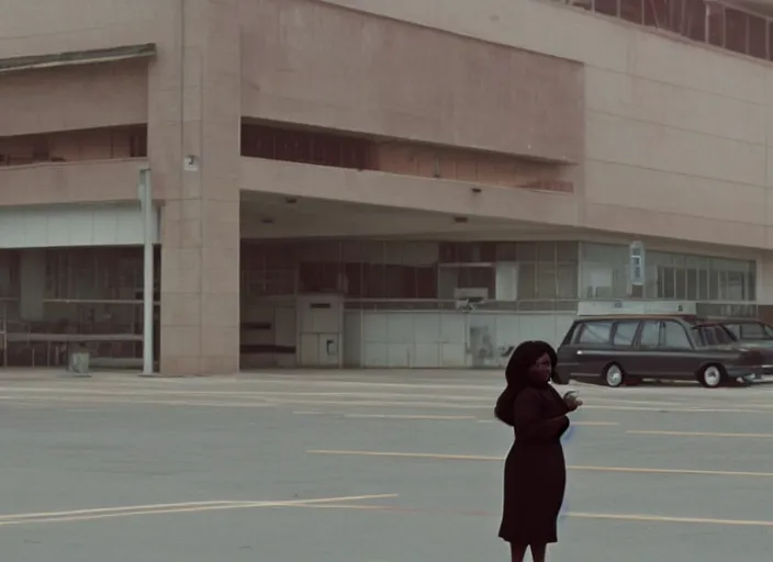 Image similar to cinematic screenshot high angle wide shot of octavia spencer outside a foggy abandoned department store empty parking lot, one car, paranoia everywhere, screenshot from the tense thriller film ( 2 0 0 1 ) directed by spike jonze, volumetric hazy lighting, moody cinematography, 3 5 mm kodak color stock, 2 4 mm lens