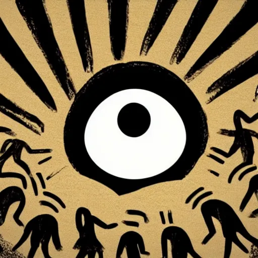 Image similar to a giant eye looking down on a crowd of people in the style of a cave painting